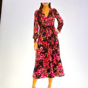 The Limited Black and Pink Floral Long Sleeve, Surplice Dress, Size L, NWT